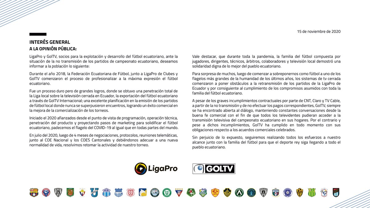 GolTV emite aclaración sobre su señal en cableoperadoras de Ecuador