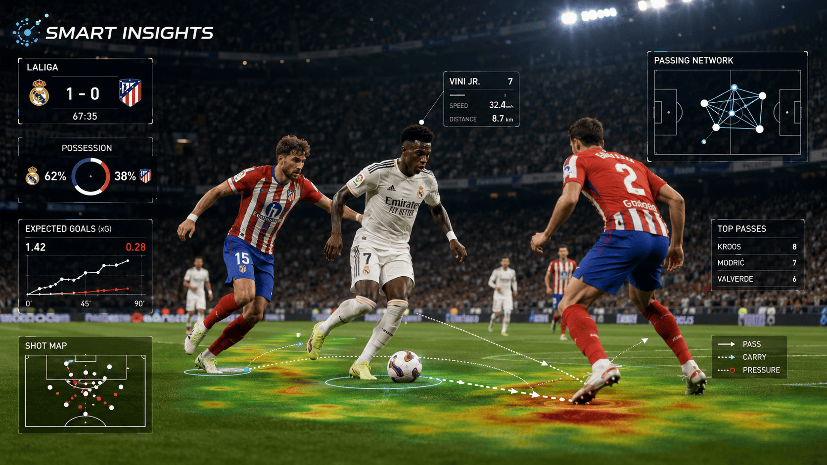 Imagen de un partido de LaLiga con gráficos digitales superpuestos que representen datos en tiempo real, simbolizando la tecnología 'Smart Insights'.